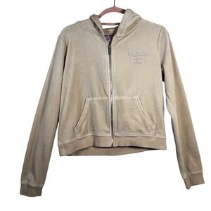 Juicy Couture x Forever 21 Velour Zip Hoodie Juniors L Rhinestone Logo Beige